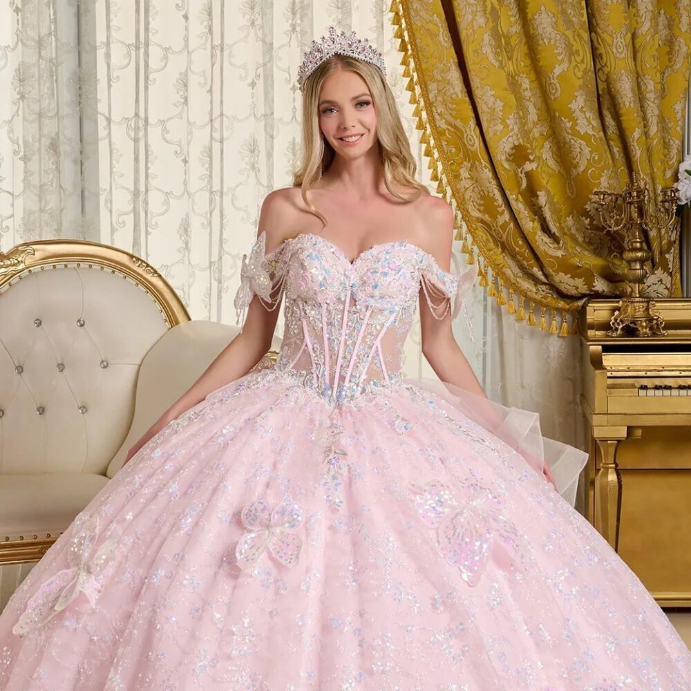New Off Shoulder Tulle Long Gown w/ Layered Skirt & Sequins Embroidery GL3651
